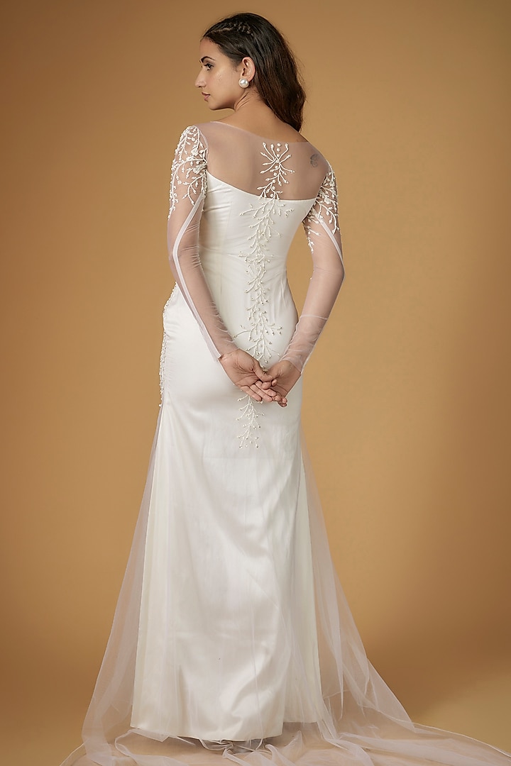 White Tulle Glass Beads Embroidered Engagement Gown by FATIZ at Pernia's Pop Up Shop