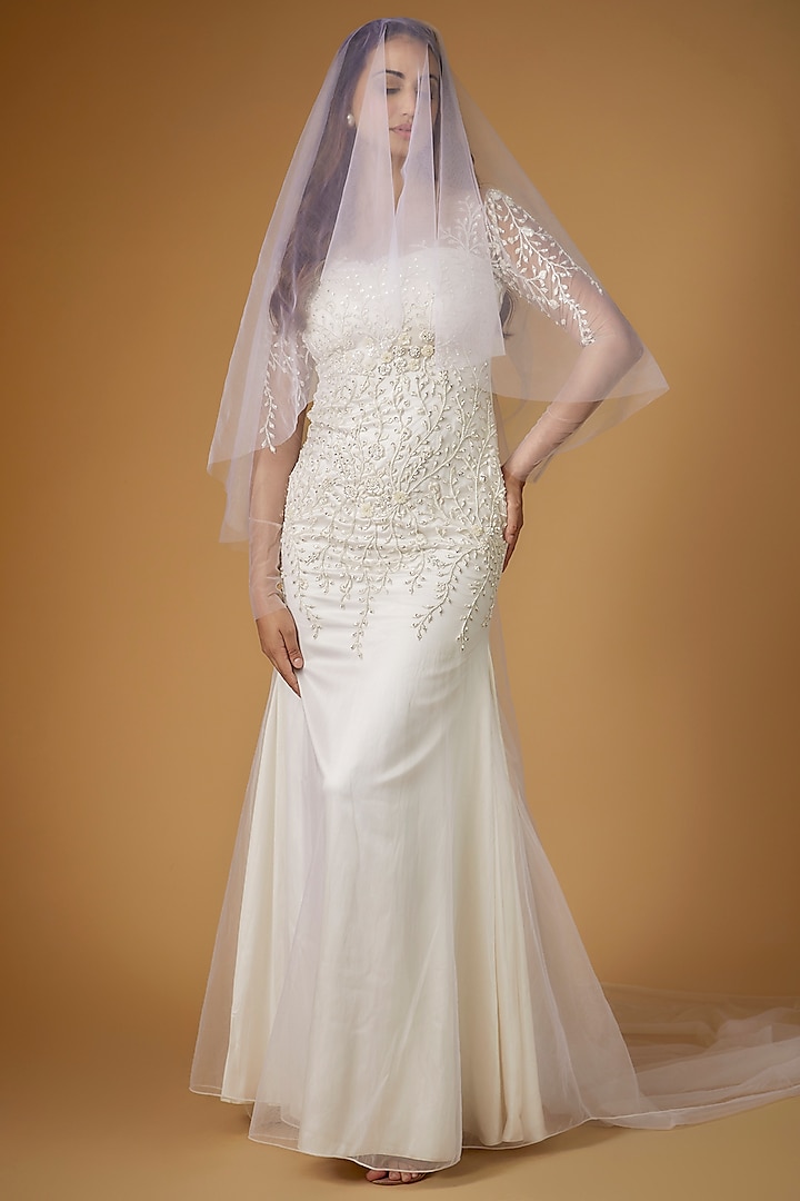 White Tulle Glass Beads Embroidered Engagement Gown by FATIZ at Pernia's Pop Up Shop