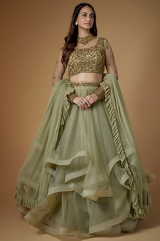 Sage Green Tulle Lehenga Set by FATIZ