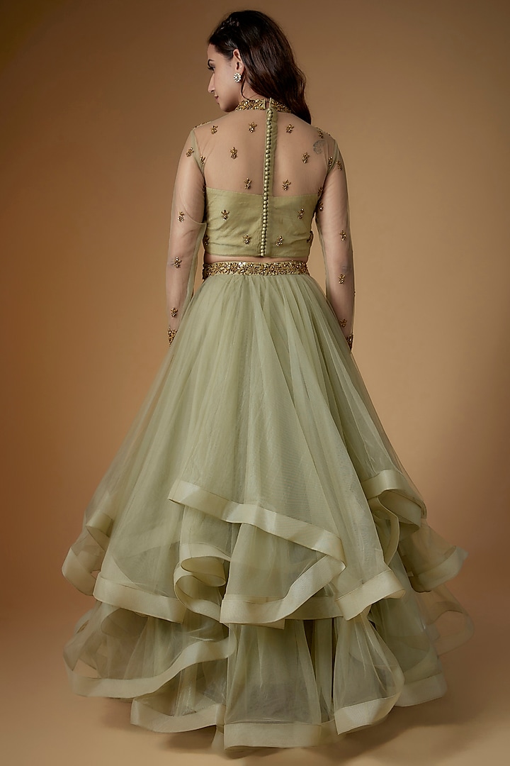 Sage Green Tulle Wedding Lehenga Set by FATIZ at Pernia's Pop Up Shop