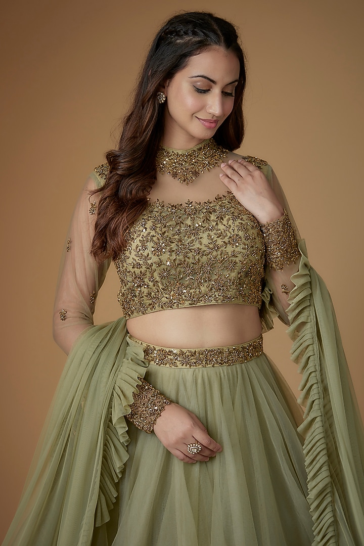Sage Green Tulle Wedding Lehenga Set by FATIZ at Pernia's Pop Up Shop