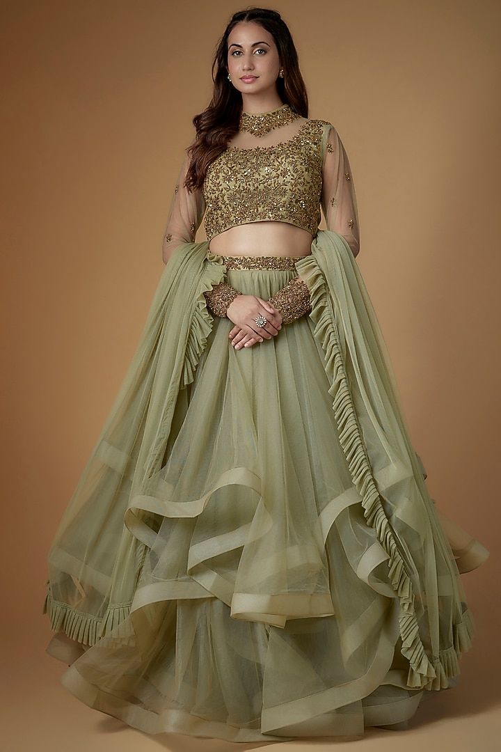 Sage Green Tulle Wedding Lehenga Set by FATIZ at Pernia's Pop Up Shop