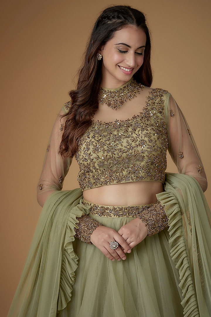 Sage Green Tulle Wedding Lehenga Set by FATIZ at Pernia's Pop Up Shop