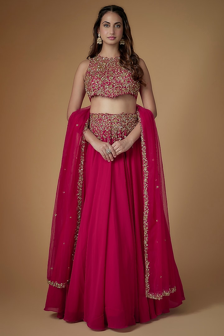 Rani Pink Tulle Zardosi Embroidered Handcrafted Wedding Lehenga Set by FATIZ at Pernia's Pop Up Shop