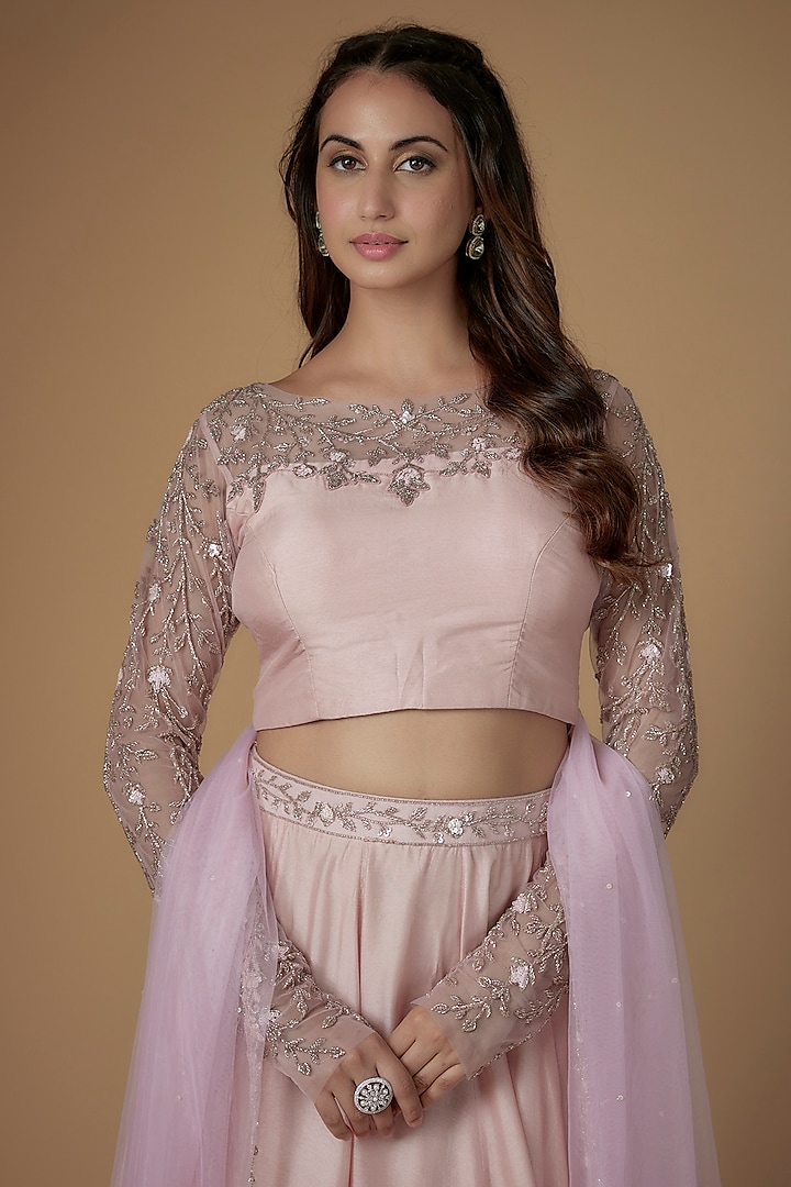 Blush Pink Russian Silk Glass Beads Embroidered Wedding Lehenga Set by FATIZ at Pernia's Pop Up Shop
