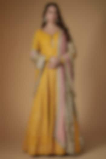 Mustard Yellow Georgette Sequins Hand Embellished Gown With Dupatta by FATIZ at Pernia's Pop Up Shop