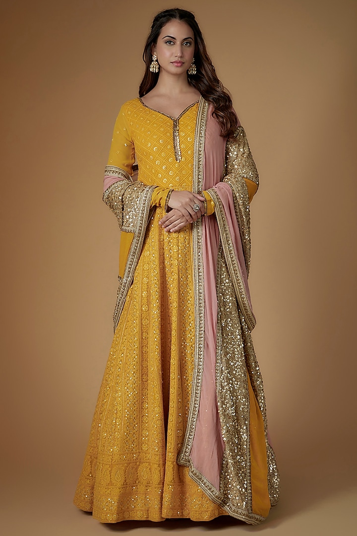 Mustard Yellow Georgette Sequins Hand Embellished Gown With Dupatta by FATIZ at Pernia's Pop Up Shop