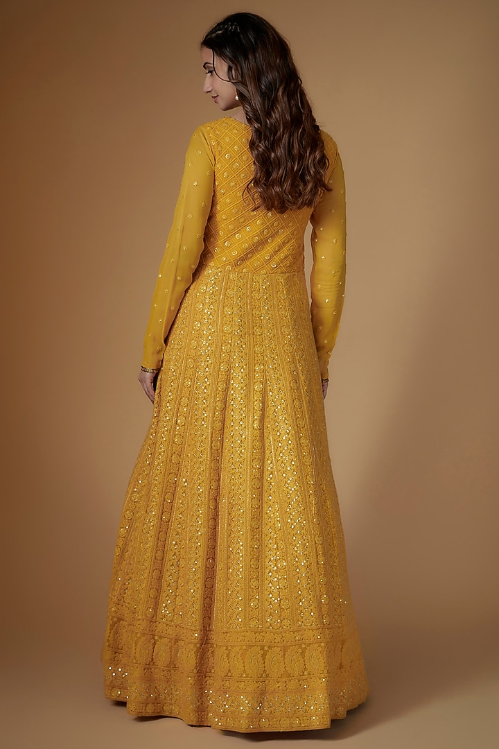 Mustard Yellow Georgette Sequins Hand Embellished Engagement Gown With Dupatta by FATIZ at Pernia's Pop Up Shop