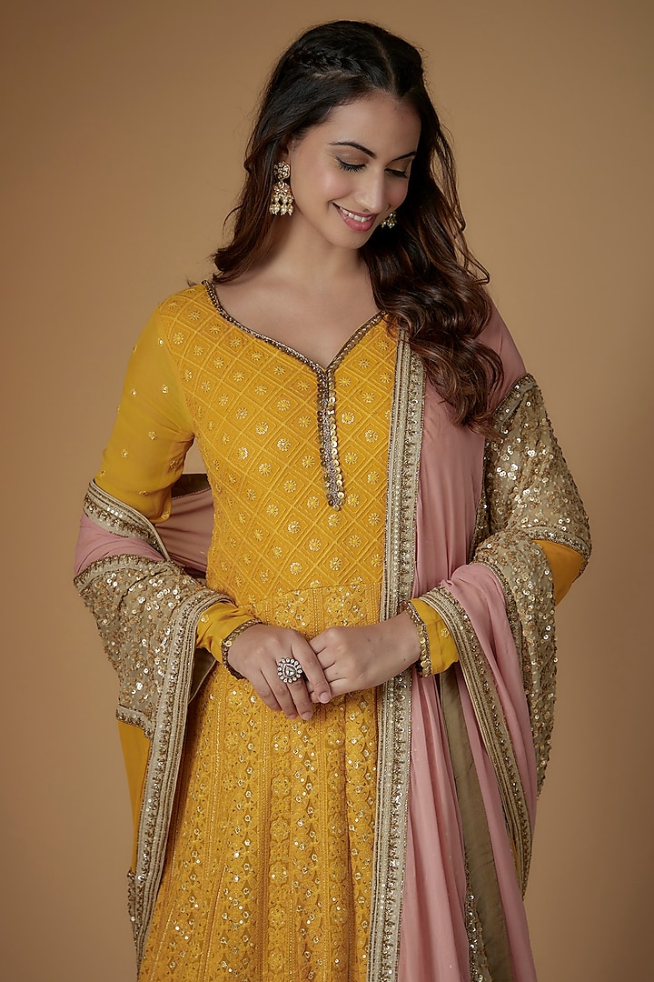 Mustard Yellow Georgette Sequins Hand Embellished Engagement Gown With Dupatta by FATIZ at Pernia's Pop Up Shop