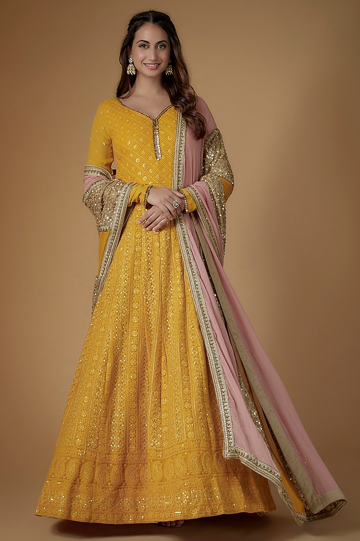 Mustard Yellow Georgette Sequins Hand Embellished Gown With Dupatta Design  by FATIZ at Pernia's Pop Up Shop 2026