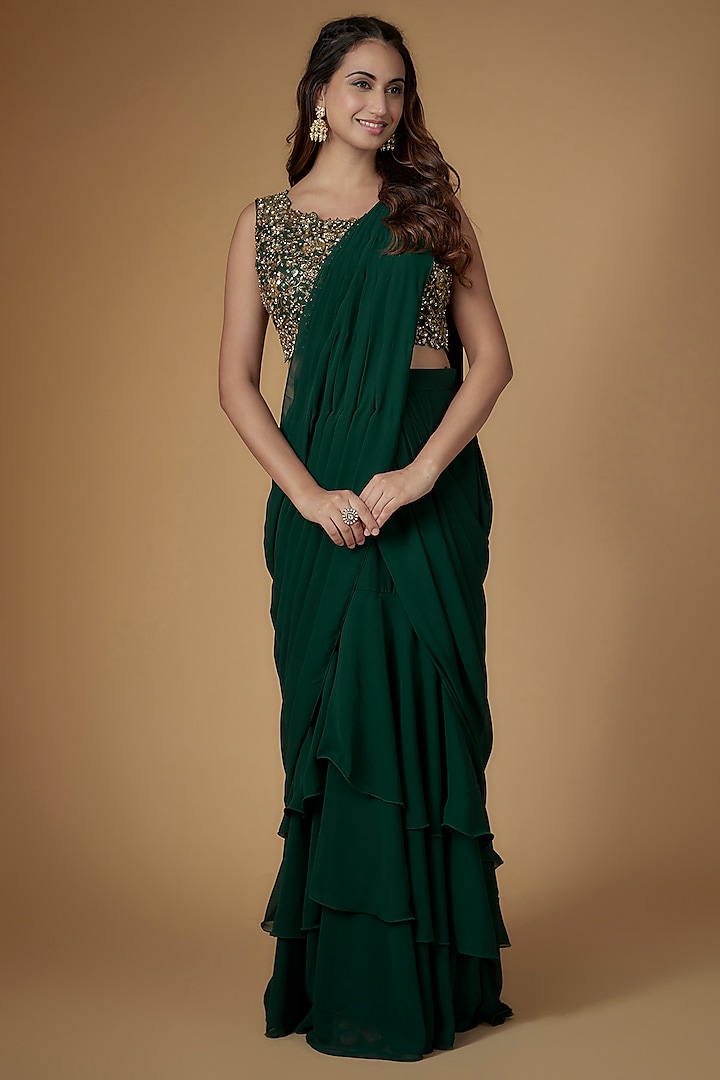 Bottle Green Georgette & Tulle Draped Saree Set by FATIZ at Pernia's Pop Up Shop