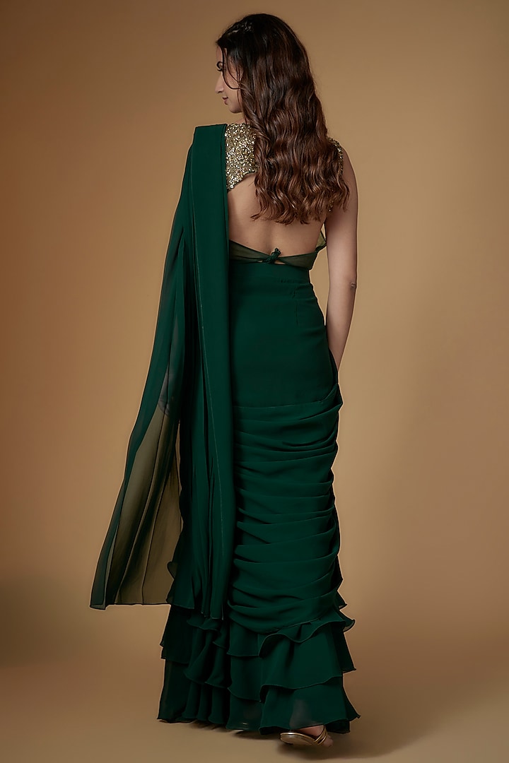 Bottle Green Georgette & Tulle Draped Wedding Saree Set by FATIZ at Pernia's Pop Up Shop