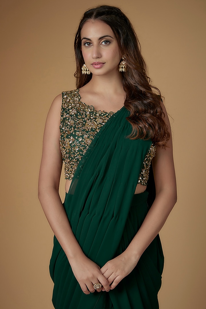 Bottle Green Georgette & Tulle Draped Wedding Saree Set by FATIZ at Pernia's Pop Up Shop