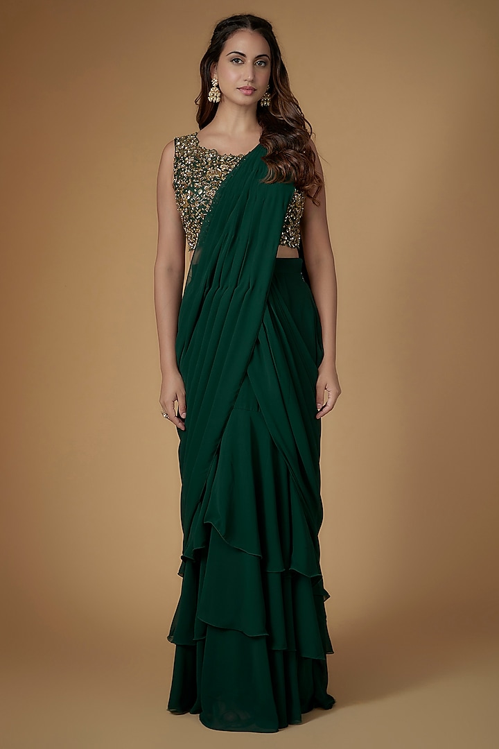 Bottle Green Georgette & Tulle Draped Wedding Saree Set by FATIZ at Pernia's Pop Up Shop