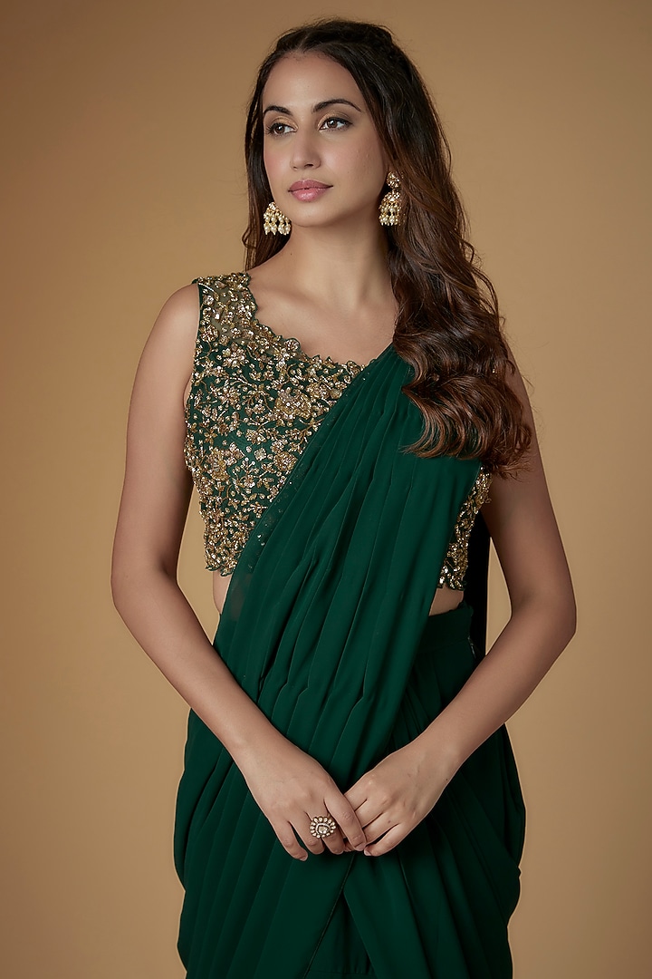 Bottle Green Georgette & Tulle Draped Wedding Saree Set by FATIZ at Pernia's Pop Up Shop