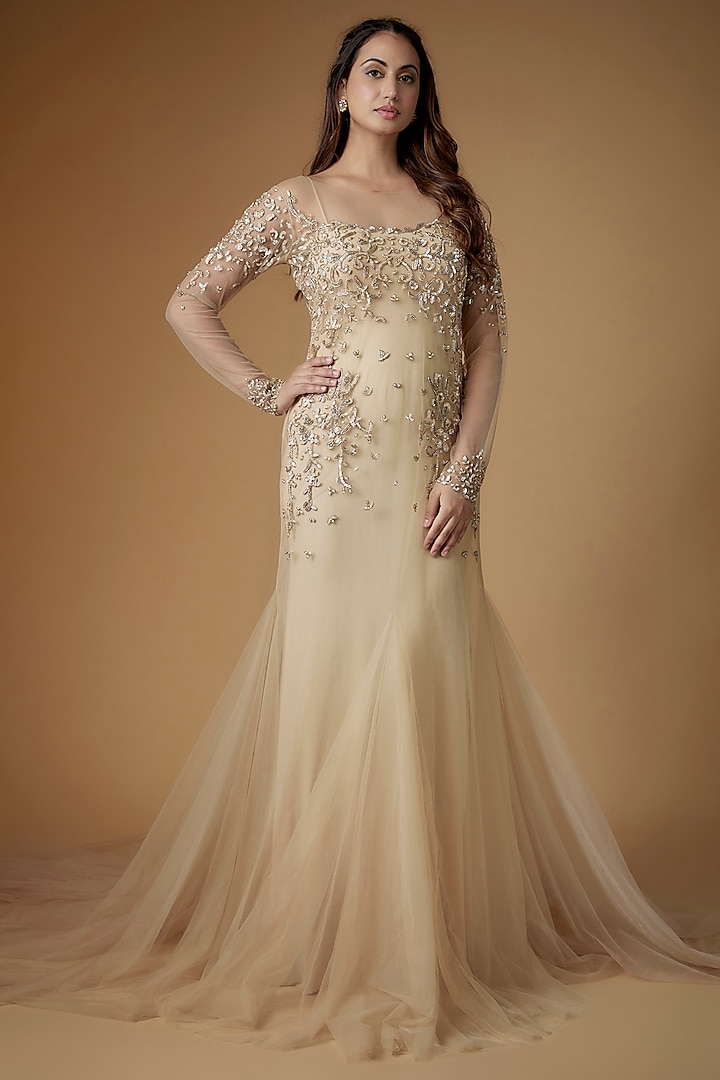 Champagne Gold Tulle Crystal Beads Embroidered Fish-Cut Gown by FATIZ