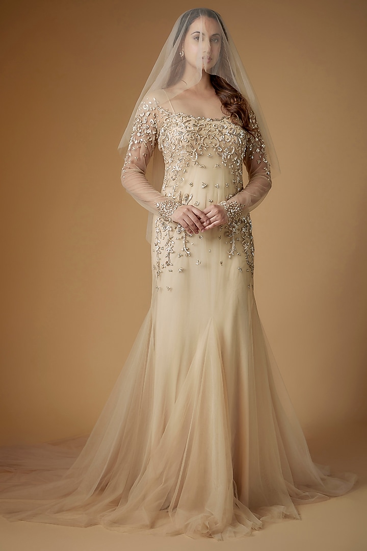 Champagne Gold Tulle Crystal Beads Embroidered Fish-Cut Engagement Gown by FATIZ at Pernia's Pop Up Shop