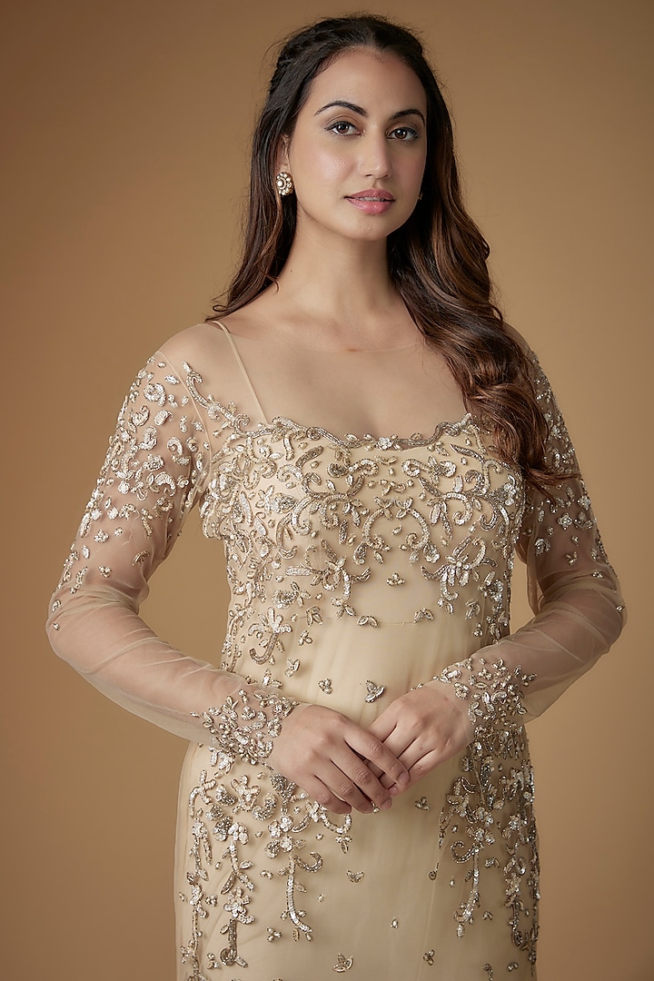 Champagne Gold Tulle Crystal Beads Embroidered Fish-Cut Engagement Gown by FATIZ at Pernia's Pop Up Shop