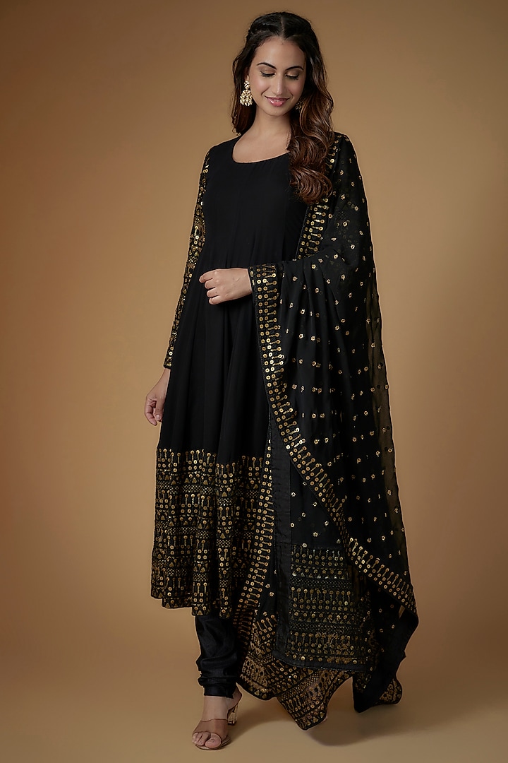 Black Georgette Sequins Embellished Anarkali Set Design by FATIZ at ...