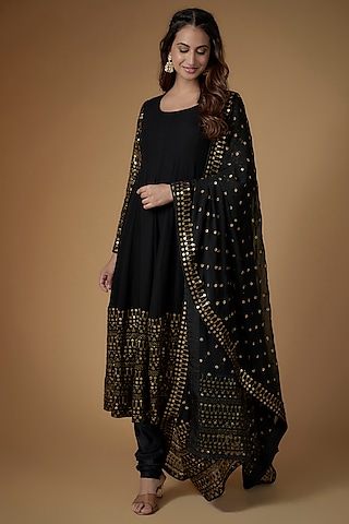 Black Georgette Sequins Embellished Anarkali Set by FATIZ