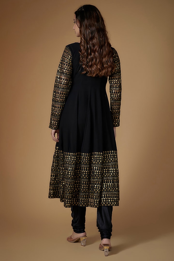 Black Georgette Sequins Embellished Party Wear Anarkali Set by FATIZ at Pernia's Pop Up Shop