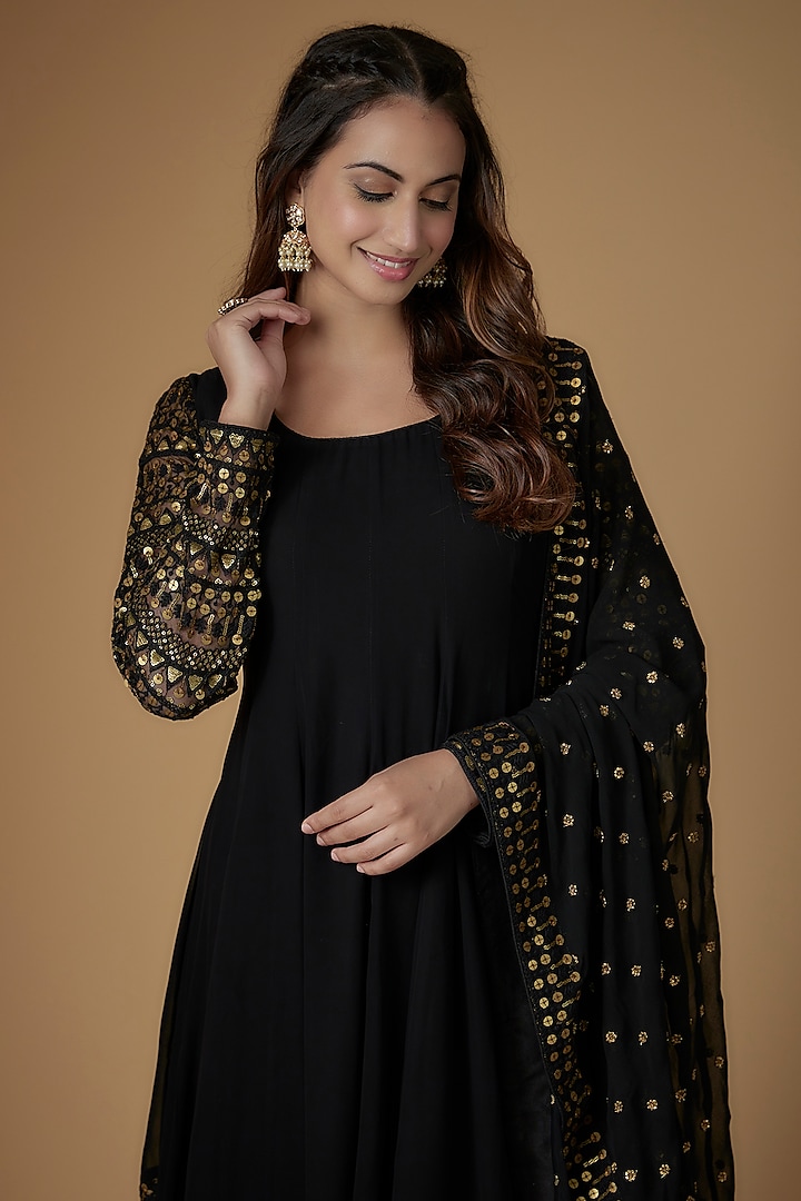 Black Georgette Sequins Embellished Party Wear Anarkali Set by FATIZ at Pernia's Pop Up Shop