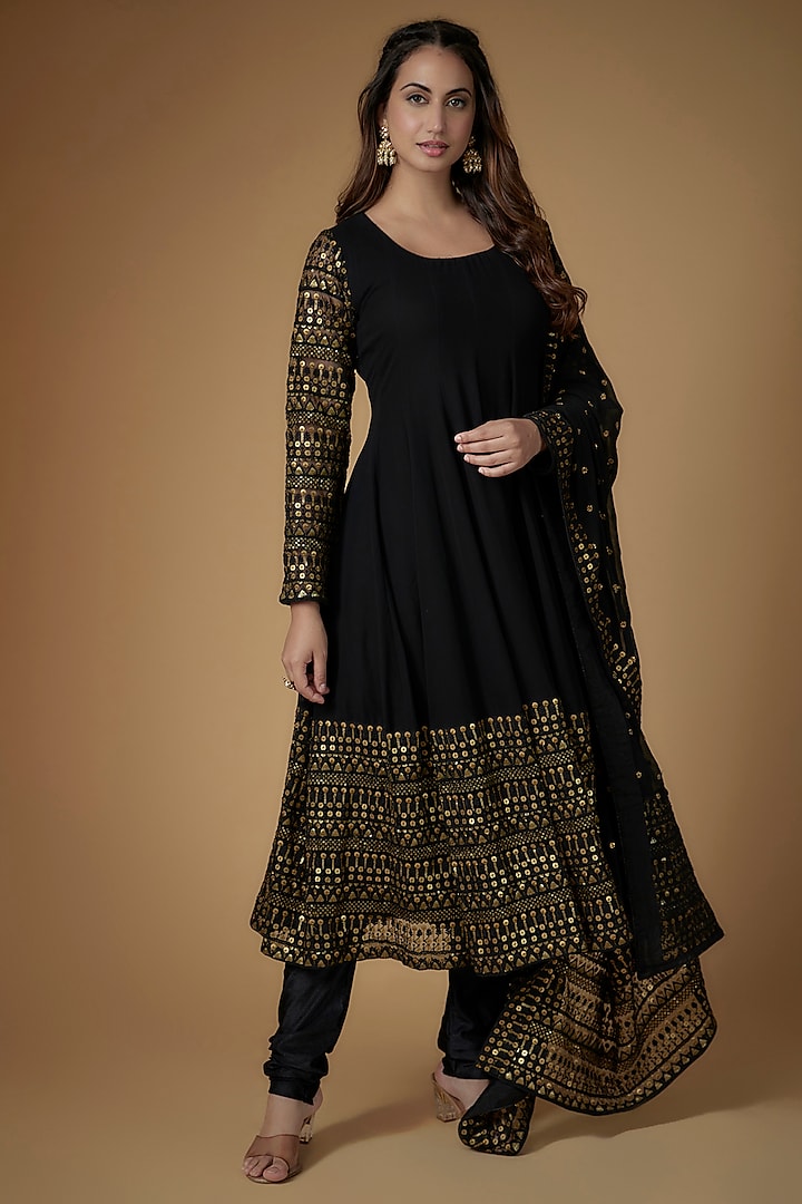 Black Georgette Sequins Embellished Anarkali Set Design by FATIZ at ...