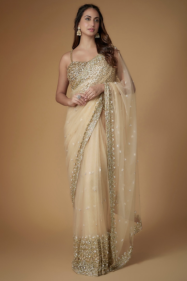 Champagne Gold Tulle Crystal Hand Embellished Draped Reception Saree Set by FATIZ at Pernia's Pop Up Shop