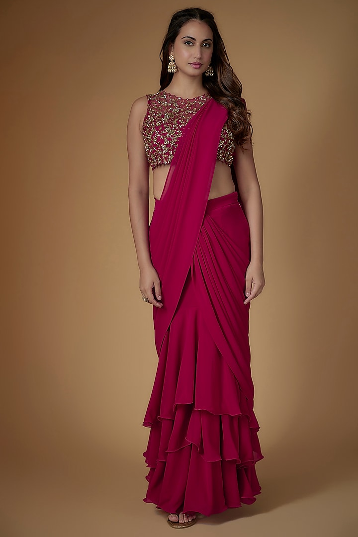 Reddish Pink Georgette & Tulle Draped Wedding Saree Set by FATIZ at Pernia's Pop Up Shop