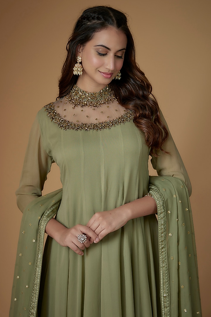 Sage Green Georgette Hand Embroidered Party Wear Anarkali Set by FATIZ at Pernia's Pop Up Shop