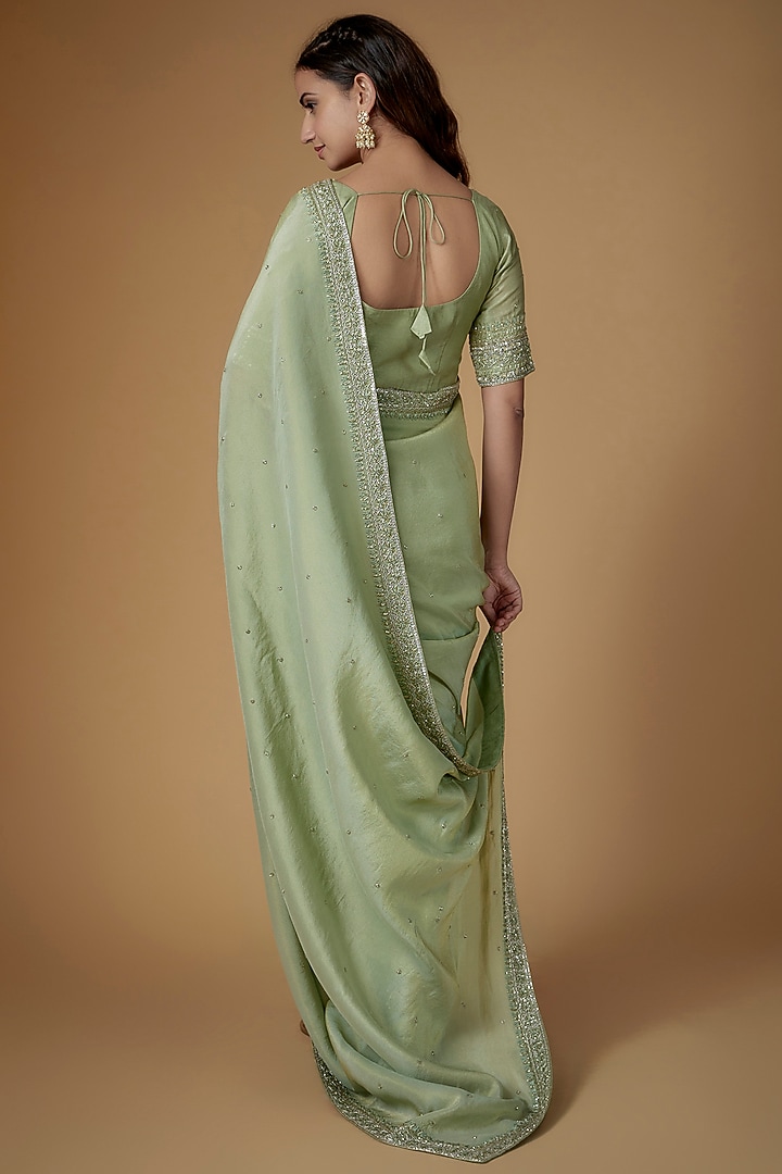 Green Tissue Georgette Glass Beads Embellished Wedding Saree Set by FATIZ at Pernia's Pop Up Shop