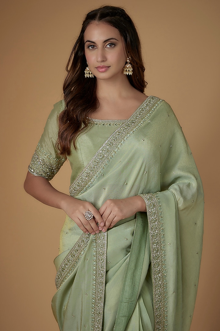 Green Tissue Georgette Glass Beads Embellished Wedding Saree Set by FATIZ at Pernia's Pop Up Shop
