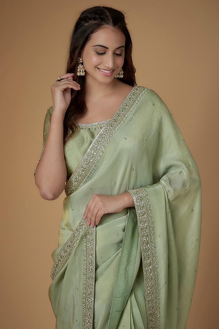 Green Tissue Georgette Glass Beads Embellished Wedding Saree Set by FATIZ at Pernia's Pop Up Shop
