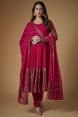 Reddish Pink Georgette Sequins Embellished Anarkali Set by FATIZ