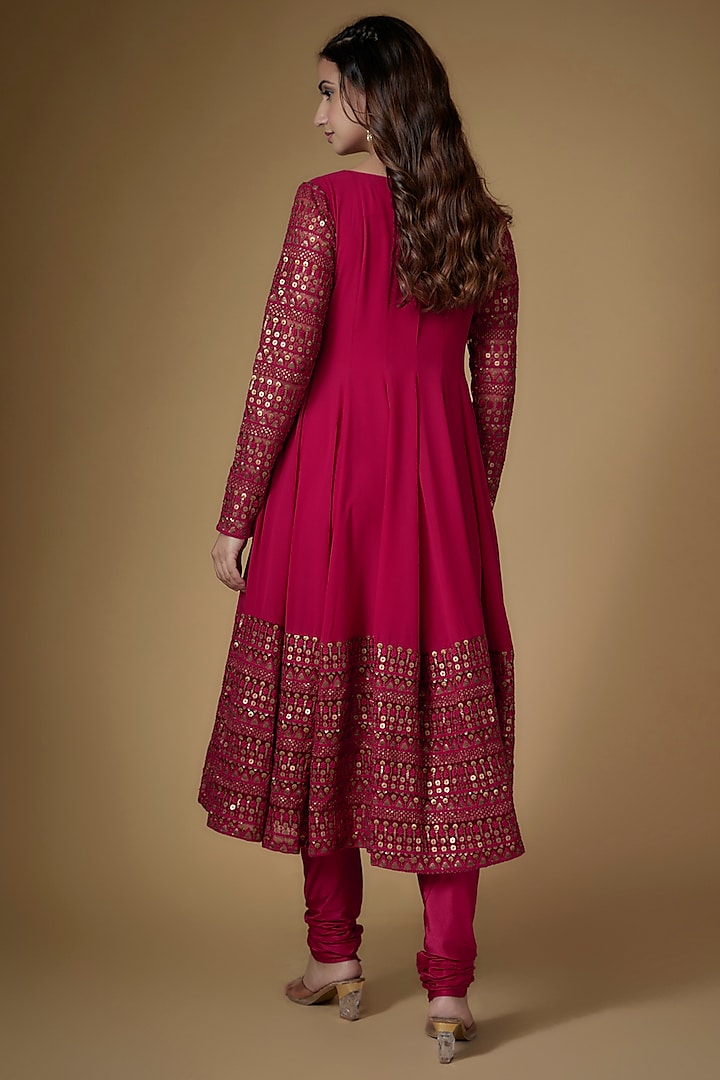 Reddish Pink Georgette Sequins Embellished Party Wear Anarkali Set by FATIZ at Pernia's Pop Up Shop