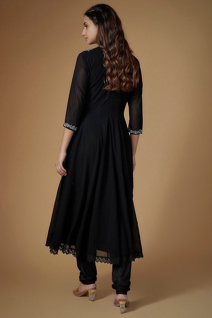 Black Georgette Glass Beads Embroidered Party Wear Anarkali Set by FATIZ at Pernia's Pop Up Shop