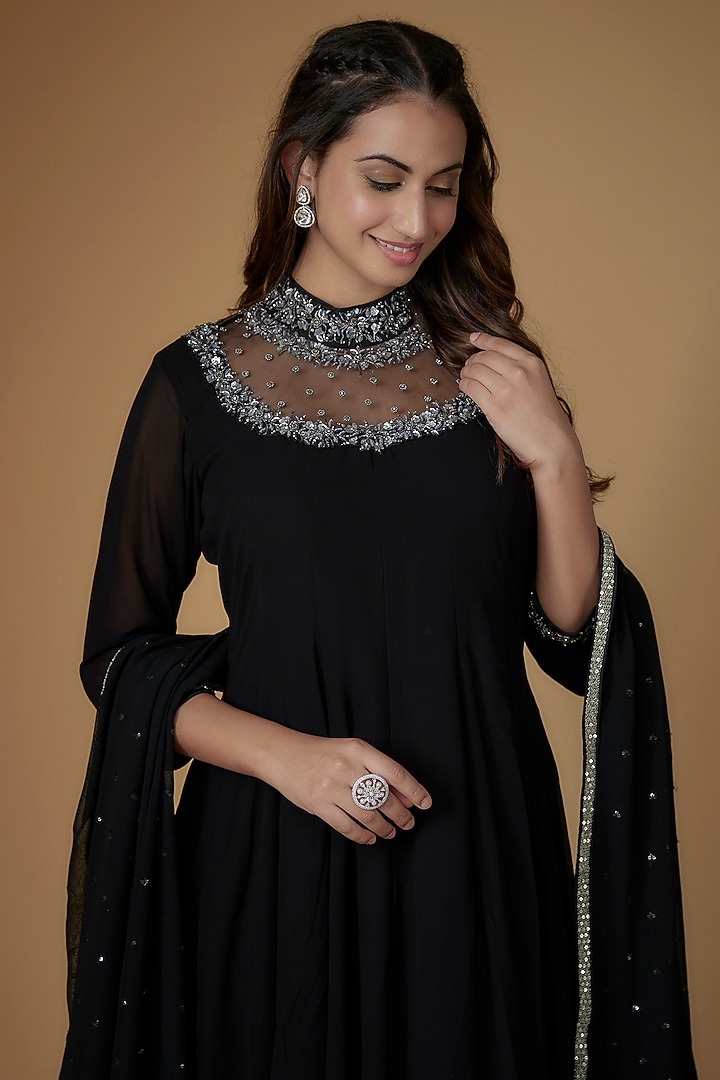 Black Georgette Glass Beads Embroidered Party Wear Anarkali Set by FATIZ at Pernia's Pop Up Shop