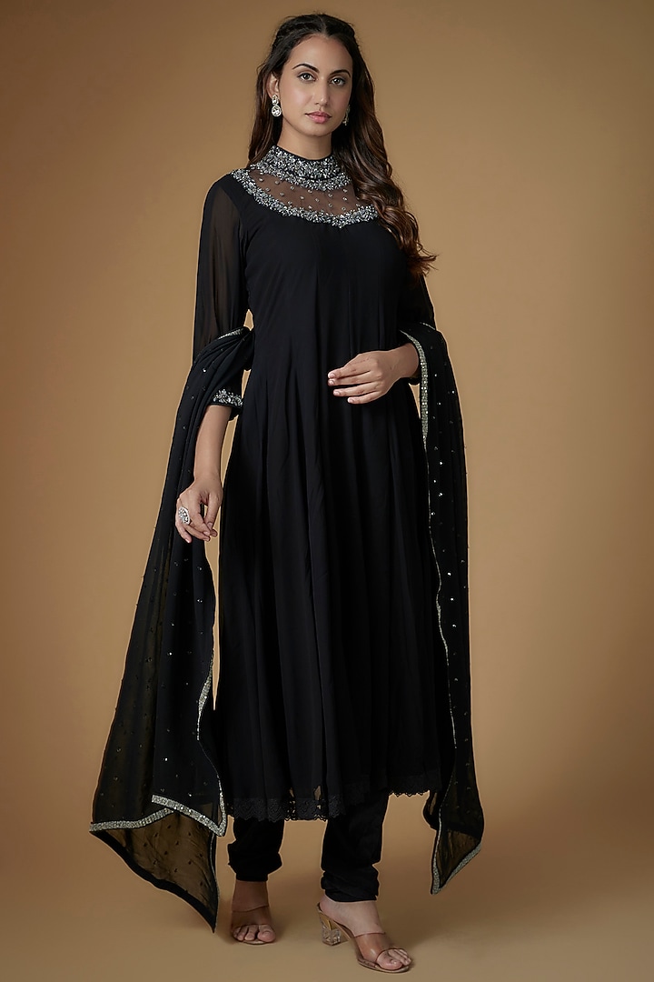Black Georgette Glass Beads Embroidered Party Wear Anarkali Set by FATIZ at Pernia's Pop Up Shop
