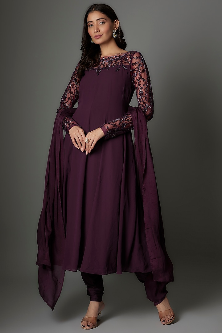 Wine Georgette Sequins Embellished Anarkali Set by FATIZ