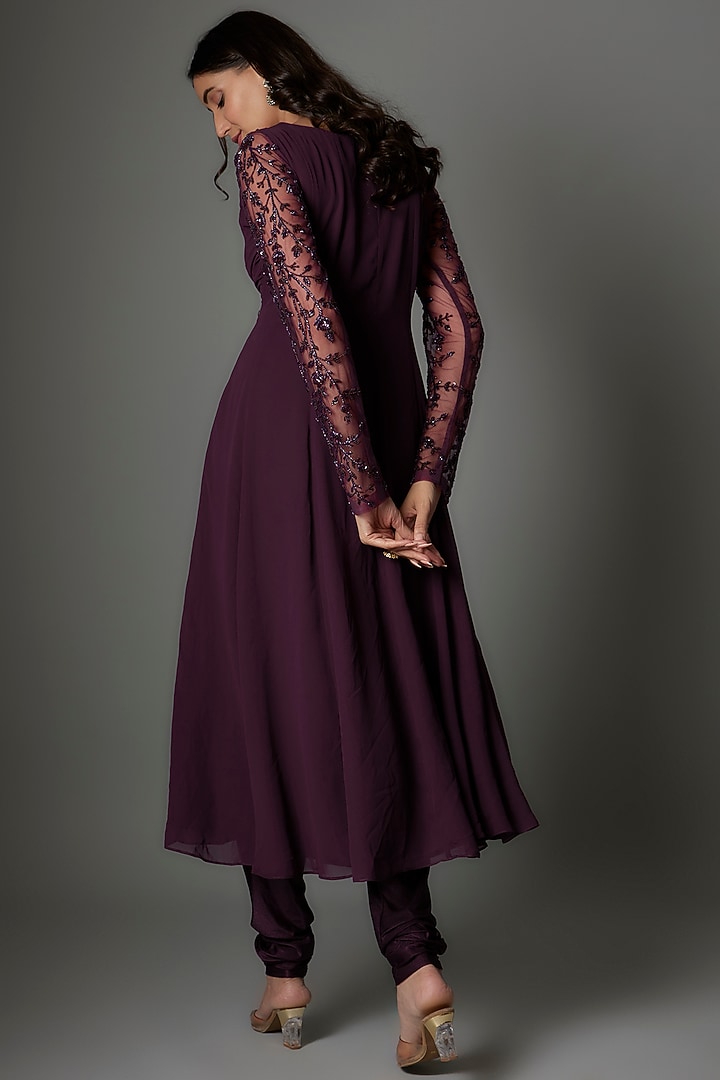 Wine Georgette Sequins Embellished Party Wear Anarkali Set by FATIZ at Pernia's Pop Up Shop