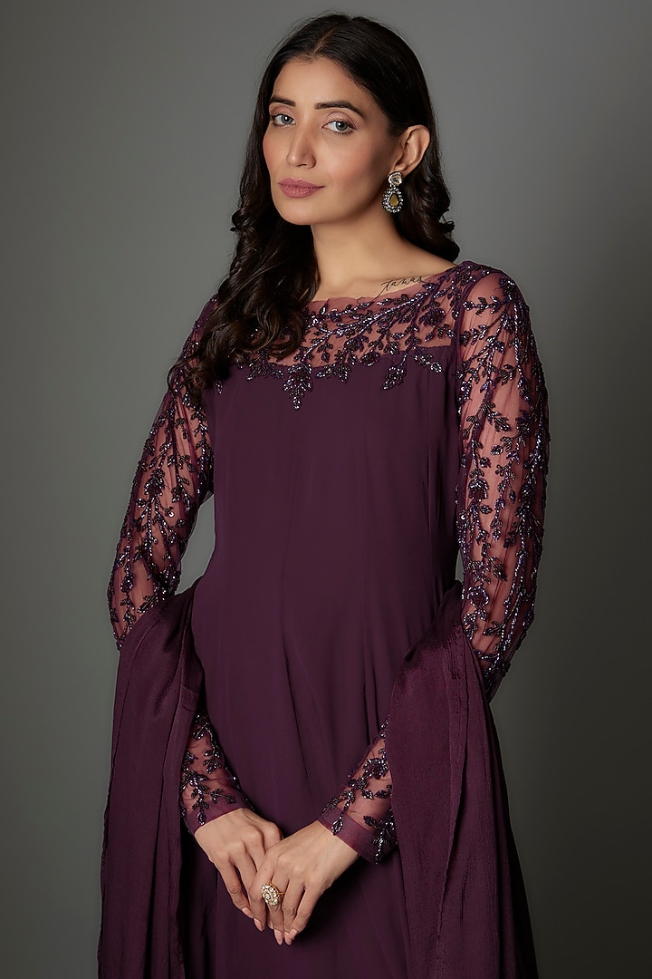 Wine Georgette Sequins Embellished Party Wear Anarkali Set by FATIZ at Pernia's Pop Up Shop