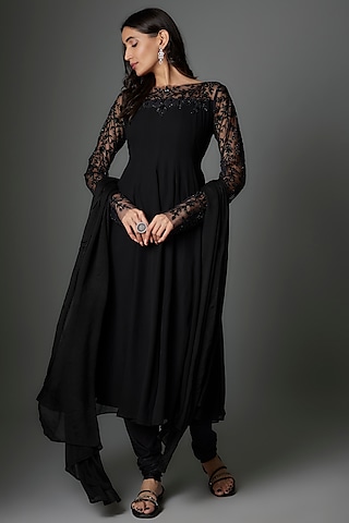 Black Georgette Sequins Embellished Anarkali Set by FATIZ