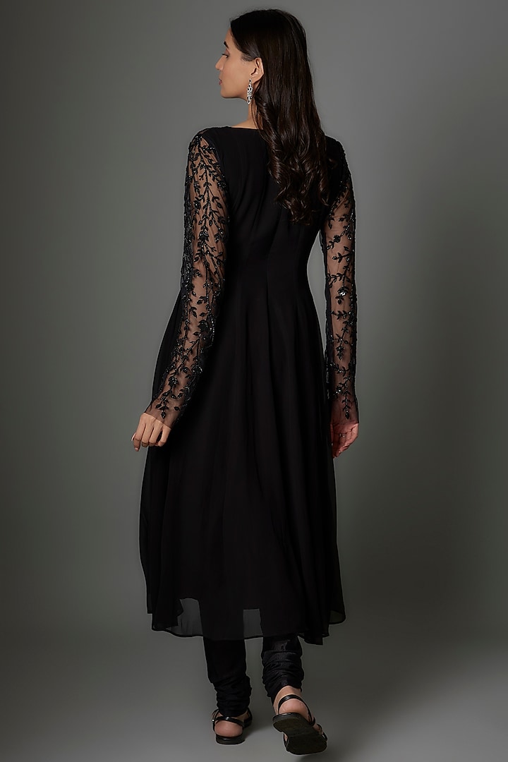 Black Georgette Sequins Embellished Party Wear Anarkali Set by FATIZ at Pernia's Pop Up Shop