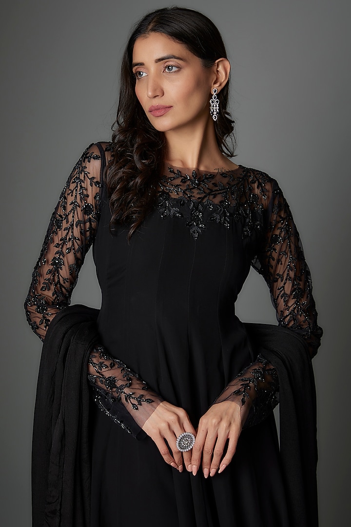 Black Georgette Sequins Embellished Party Wear Anarkali Set by FATIZ at Pernia's Pop Up Shop