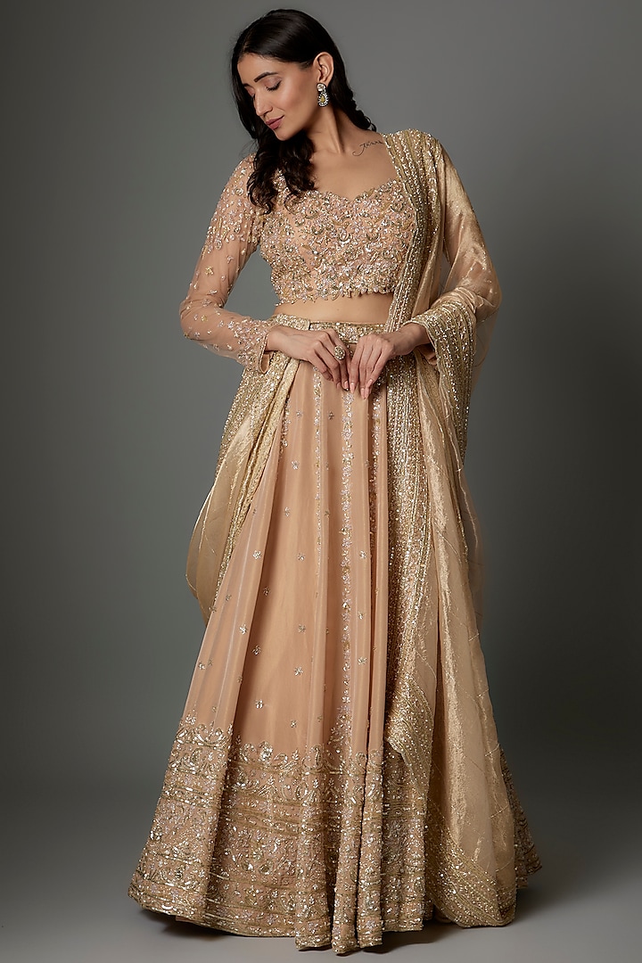 Champagne Gold Tissue Georgette Zari Hand Embroidered Bridal Lehenga Set by FATIZ at Pernia's Pop Up Shop