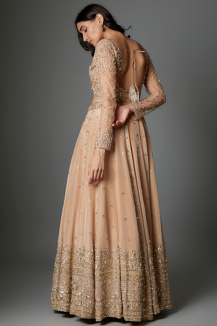 Champagne Gold Tissue Georgette Zari Hand Embroidered Bridal Lehenga Set by FATIZ at Pernia's Pop Up Shop