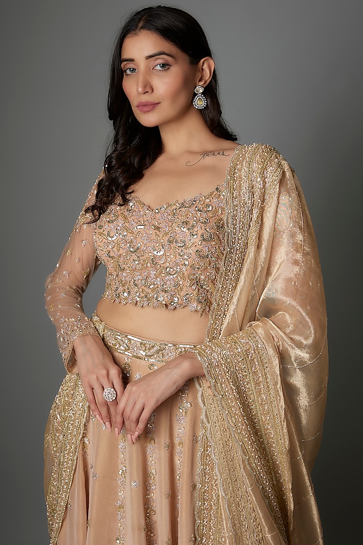 Champagne Gold Tissue Georgette Zari Hand Embroidered Bridal Lehenga Set by FATIZ at Pernia's Pop Up Shop