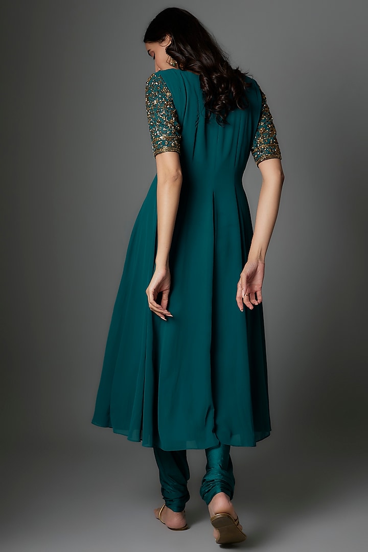 Rama Blue Georgette Zardosi Embellished Party Wear Anarkali Set by FATIZ at Pernia's Pop Up Shop