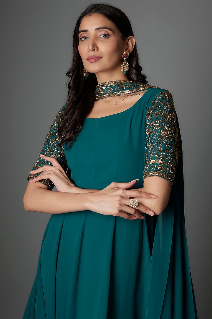 Rama Blue Georgette Zardosi Embellished Party Wear Anarkali Set by FATIZ at Pernia's Pop Up Shop