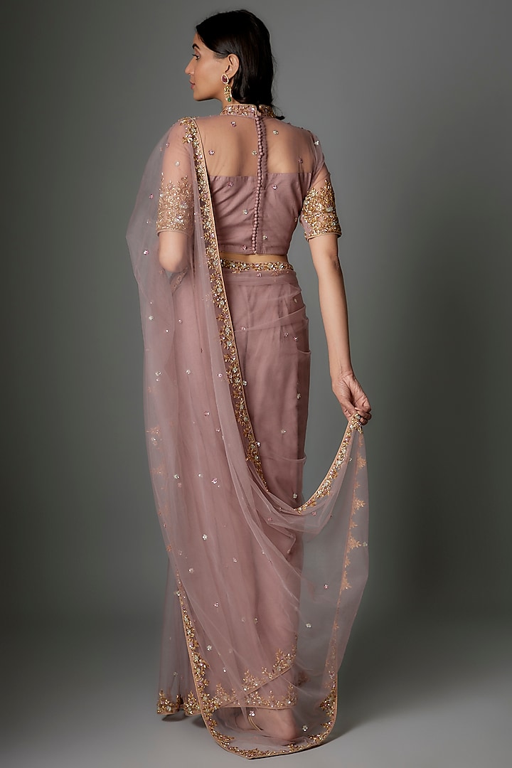 Blush Pink Tulle Sequins Embellished Draped Wedding Saree Set by FATIZ at Pernia's Pop Up Shop